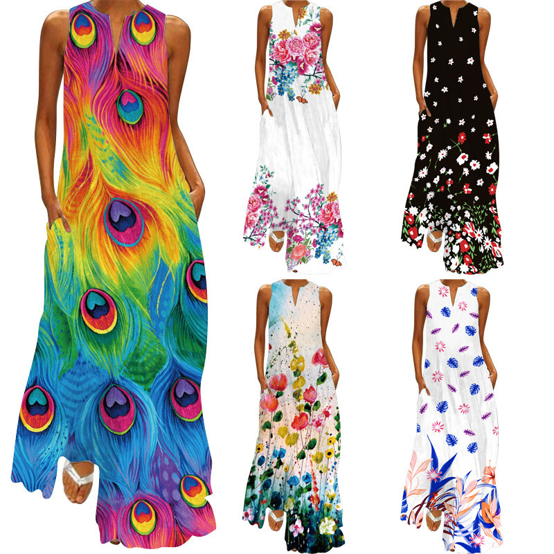 Fashion Vintage Print V Neck Sexy Sleeveless Casual  Maxi Dress