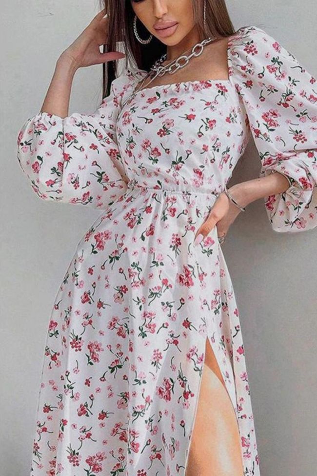 Sexy Elegant Square Neck Puff Sleeve Floral Backless Slit Wedding Guest Dress