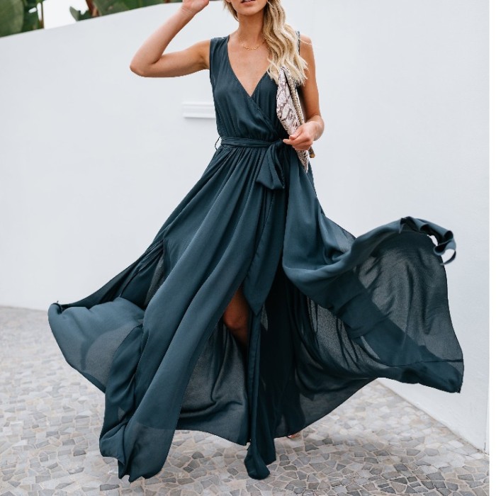 Fashion Sexy Elegant Solid Color V-Neck Sleeveless Slit Party Wedding Guest Dress