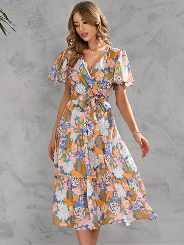 Bohemia Print Butterfly Sleeve Casual V-neck Vintage Party Dress