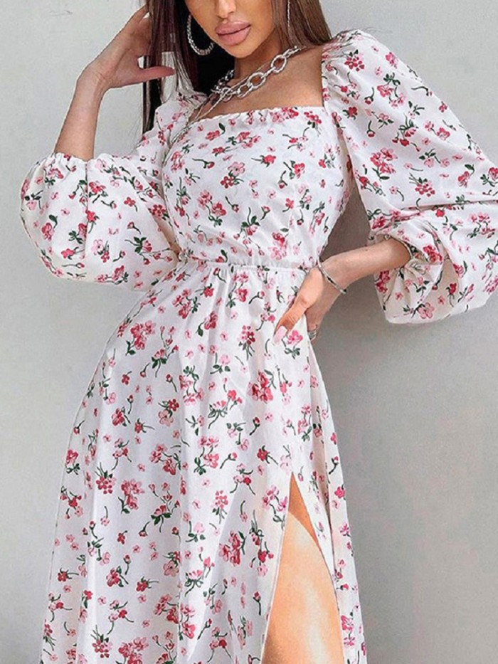 Sexy Elegant Square Neck Puff Sleeve Floral Backless Slit Wedding Guest Dress