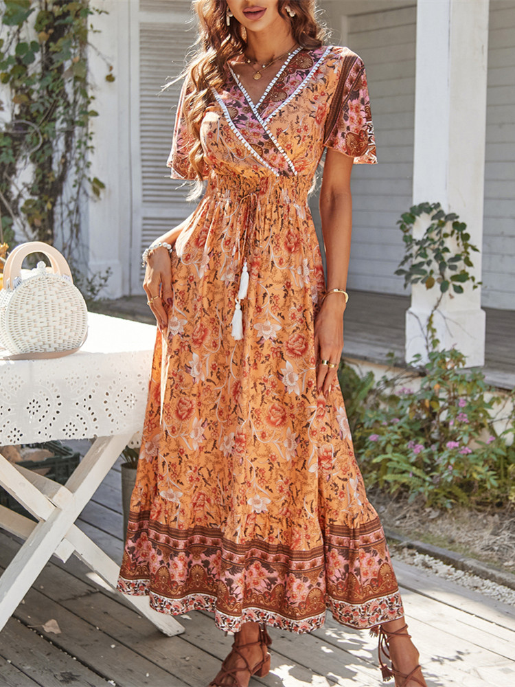 Pretty Bohemia Floral V Neck Half Sleeve Front Split Maxi Dress