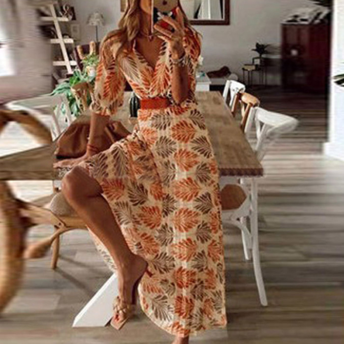 Vintage Print A-Line Bohemian Loose Casual V Neck Loose Maxi Dress