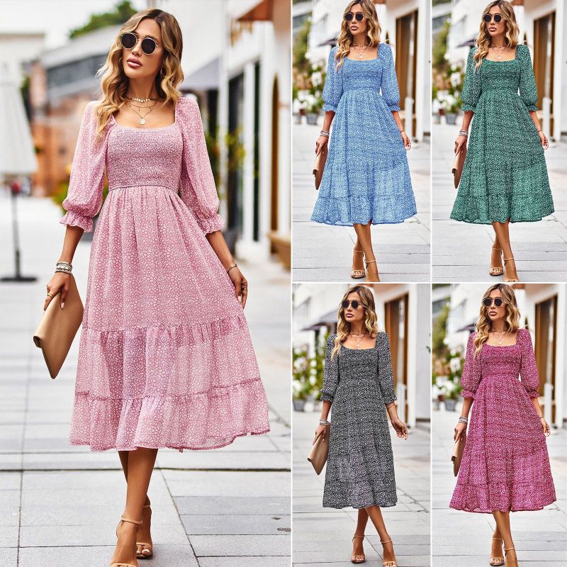 Bohemian Square Neck Quarter-sleeved Dress