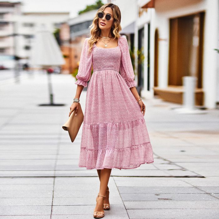 Bohemian Square Neck Quarter-sleeved Dress