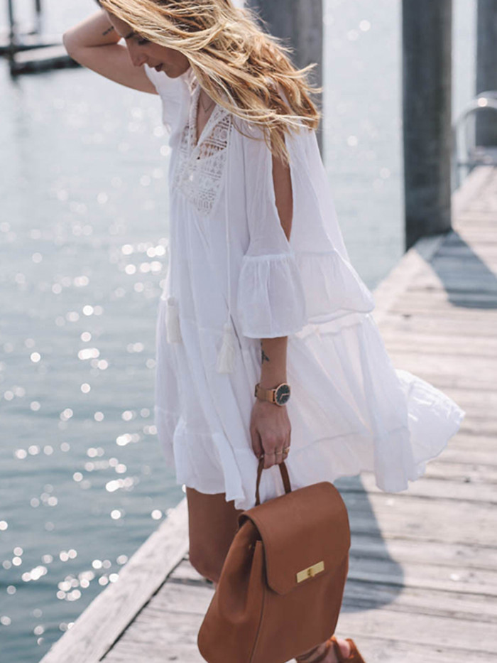 Fashion Solid Color Cotton Tunic Loose Lace Casual Dress