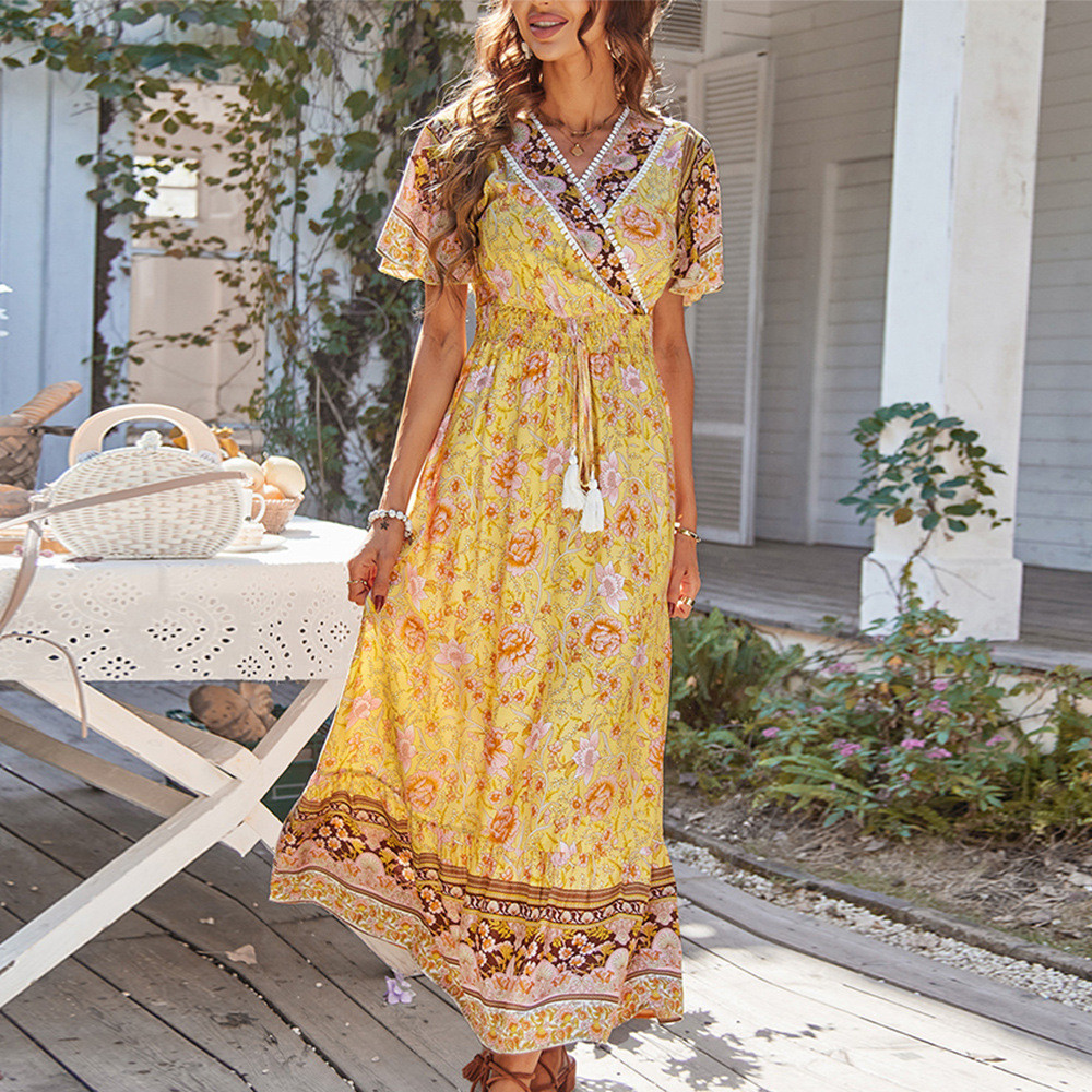 Vintage Floral Long Sleeves Ruffled Maxi Dresses