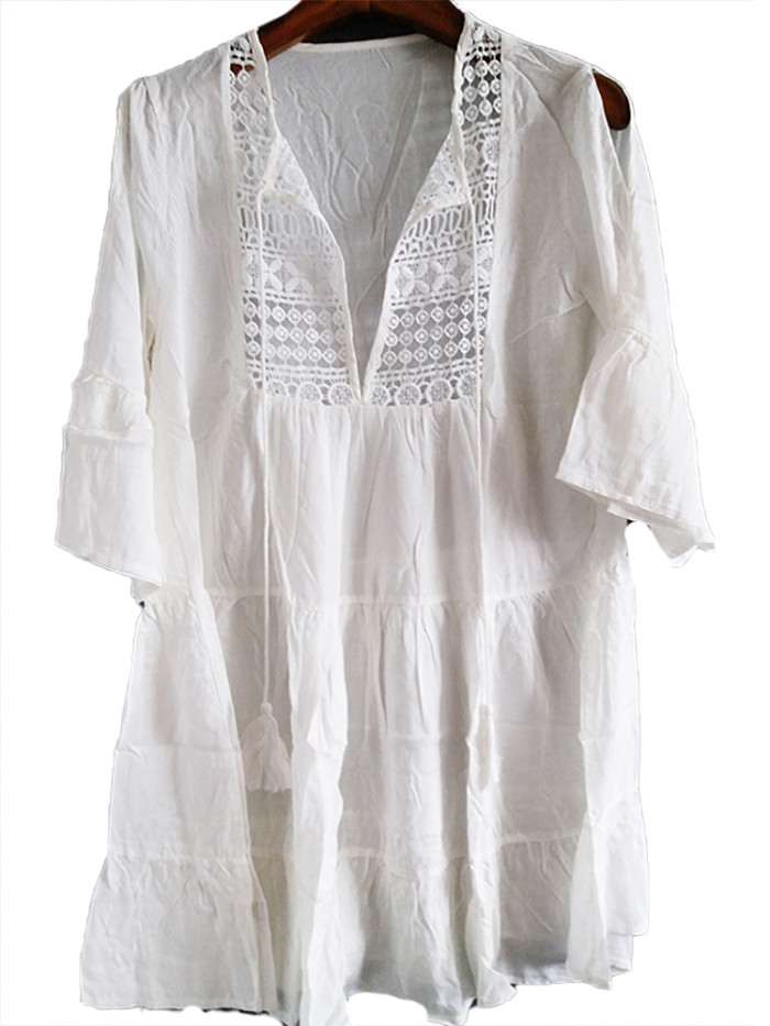 Fashion Solid Color Cotton Tunic Loose Lace Casual Dress