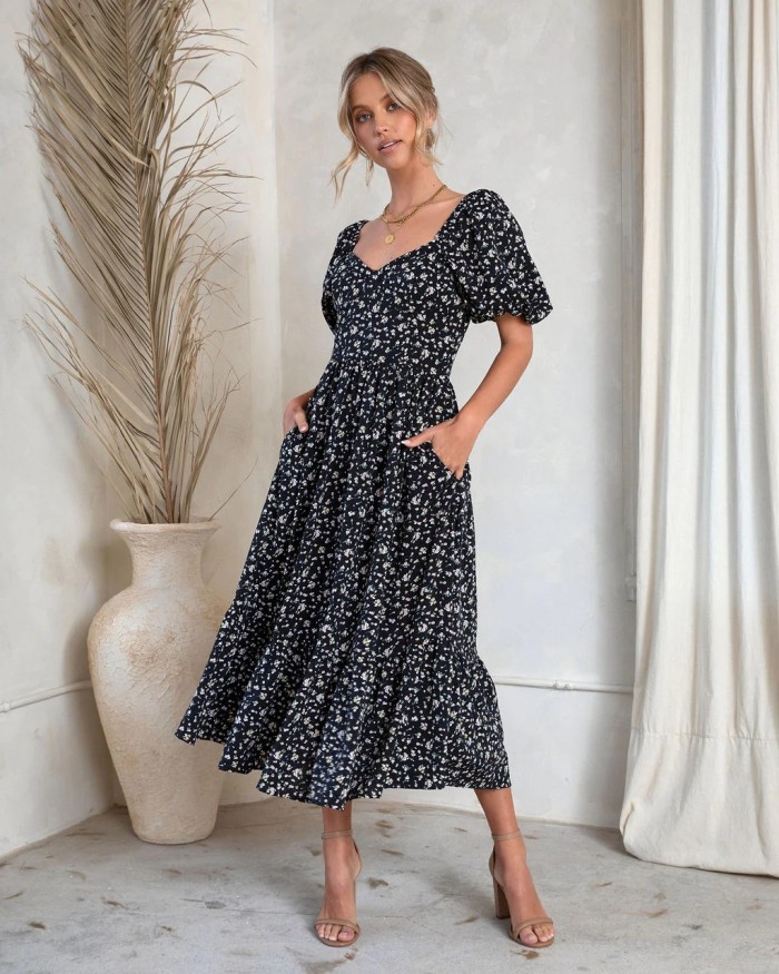 New Bohemian Print V-neck Off-the-back Dress