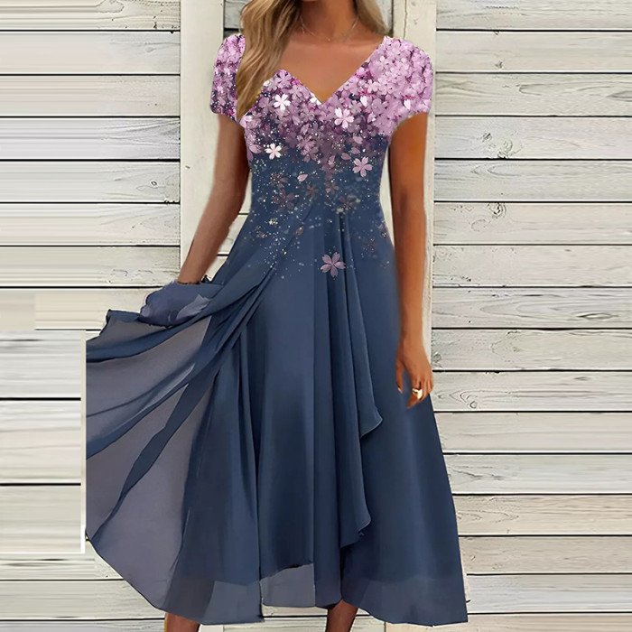 Elegant Floral Chiffon Party Fashion V-Neck Short Sleeve Dress
