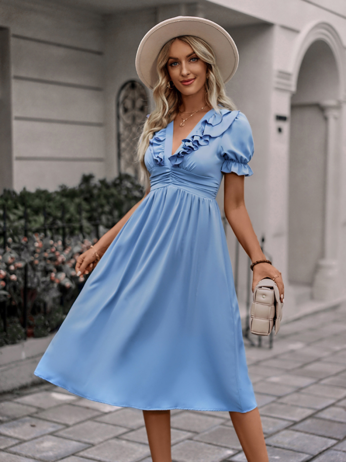 Elegant Fashion V Neck Solid Color Short Puff Sleeve High Waist Wedding Guest Dress