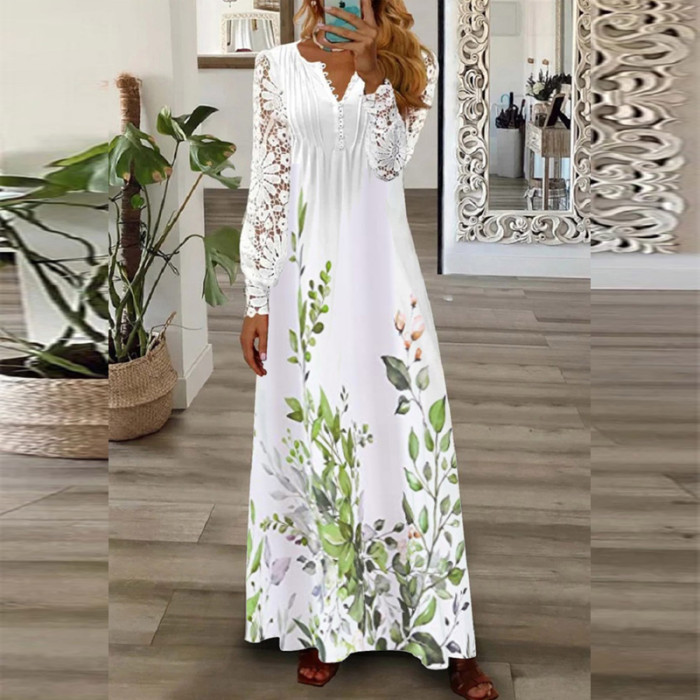 Sexy V Neck Loose Elegant Print Bohemian Party Fashion Pleated  Maxi Dress