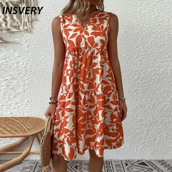 Summer Elegant V Neck Sleeveless Loose Floral Print Party  Casual Dress