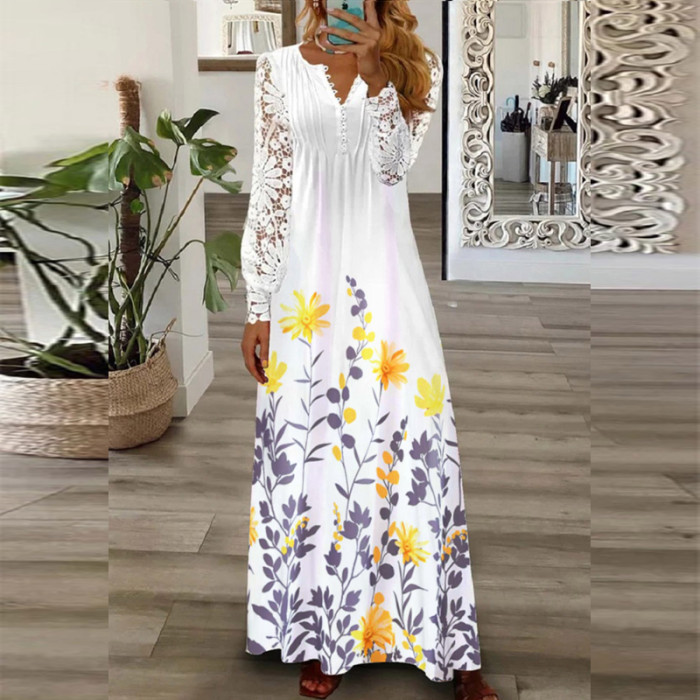 Sexy V Neck Loose Elegant Print Bohemian Party Fashion Pleated  Maxi Dress