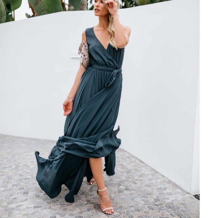 Fashion Sexy Elegant Solid Color V-Neck Sleeveless Slit Party Wedding Guest Dress