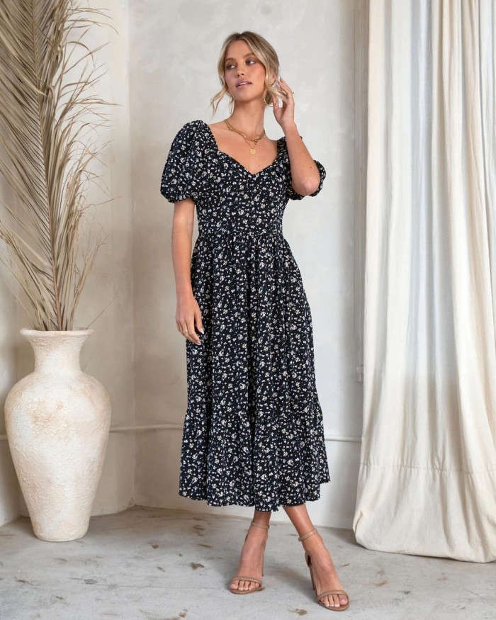 New Bohemian Print V-neck Off-the-back Dress