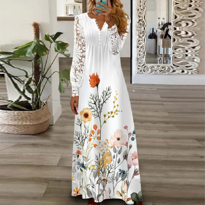 Sexy V Neck Loose Elegant Print Bohemian Party Fashion Pleated  Maxi Dress