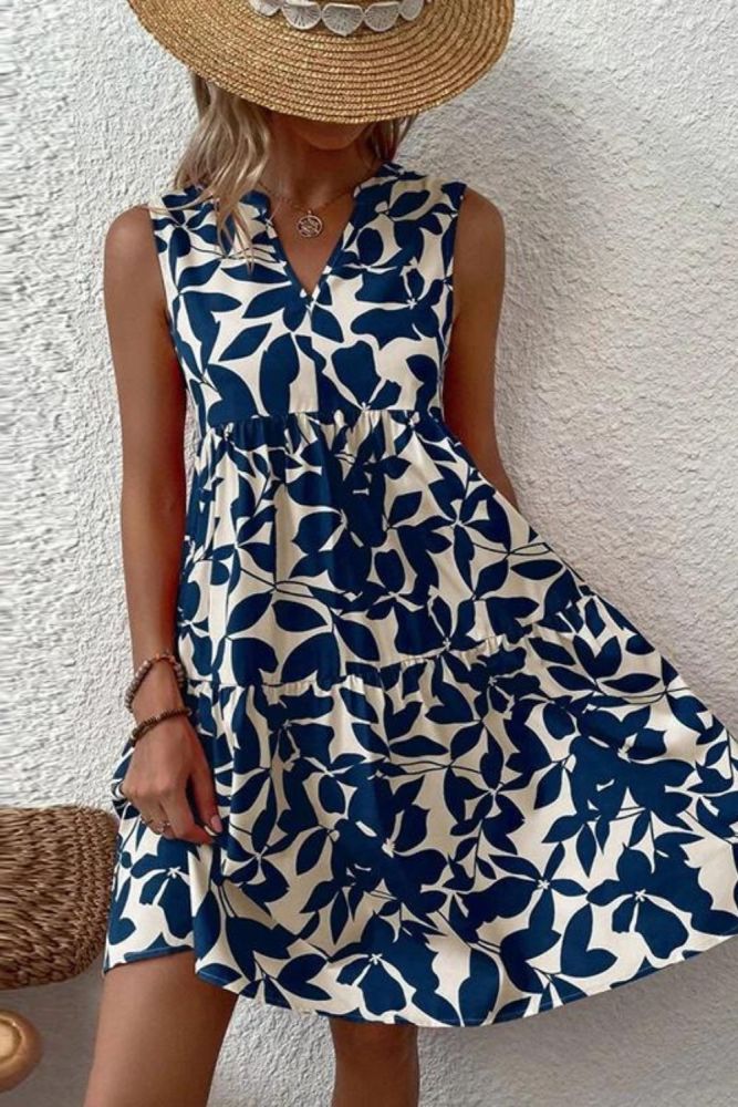Summer Elegant V Neck Sleeveless Loose Floral Print Party  Casual Dress