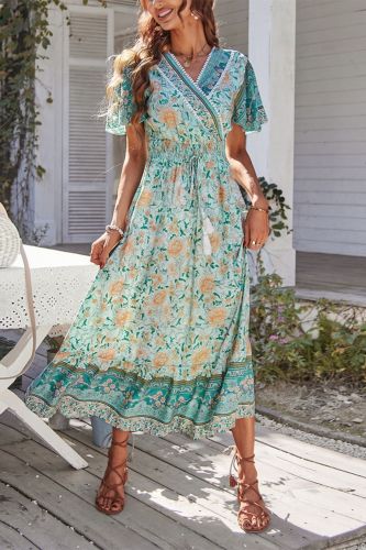 Bohemia Floral Print Vintage Casual V-neck Ruffles Maxi Dress