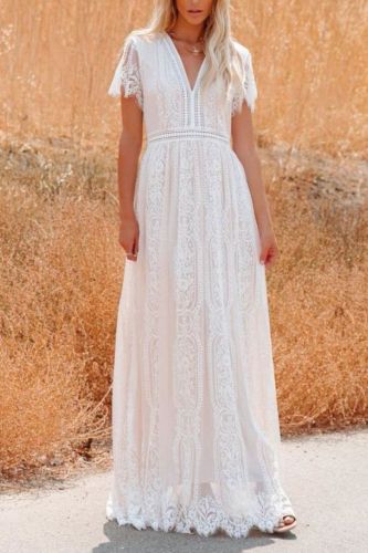 Fashion Ladies Deep V Neck Lace Cutout Bohemian Vintage  Maxi Dress