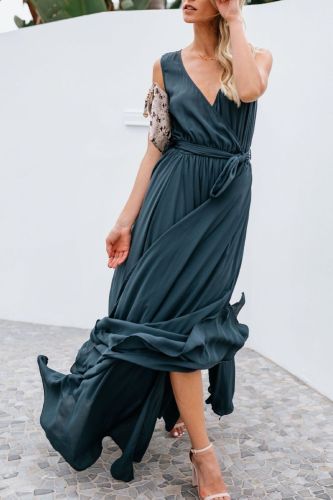 Fashion Sexy Elegant Solid Color V-Neck Sleeveless Slit Party Wedding Guest Dress
