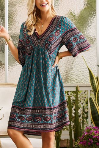 Print Dress V-Neck Short Sleeve Knee-Length Casual Beach Dress