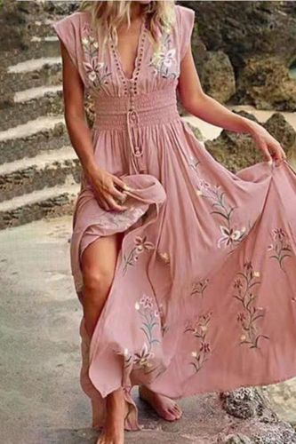 Trendy Retro Bohemian Floral Print Lace-Up Fringed Swing  Maxi Dress