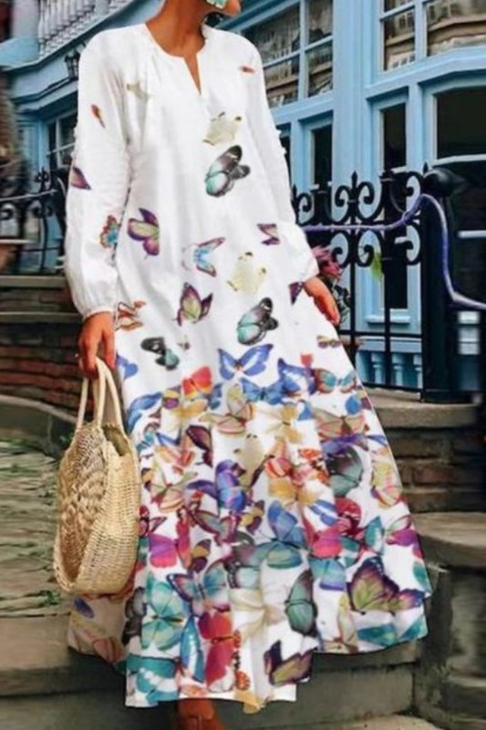 Elegant Party Print Long Sleeve Casual Loose Casual  Maxi Dress