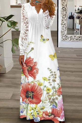 Sexy V Neck Loose Elegant Print Bohemian Party Fashion Pleated  Maxi Dress