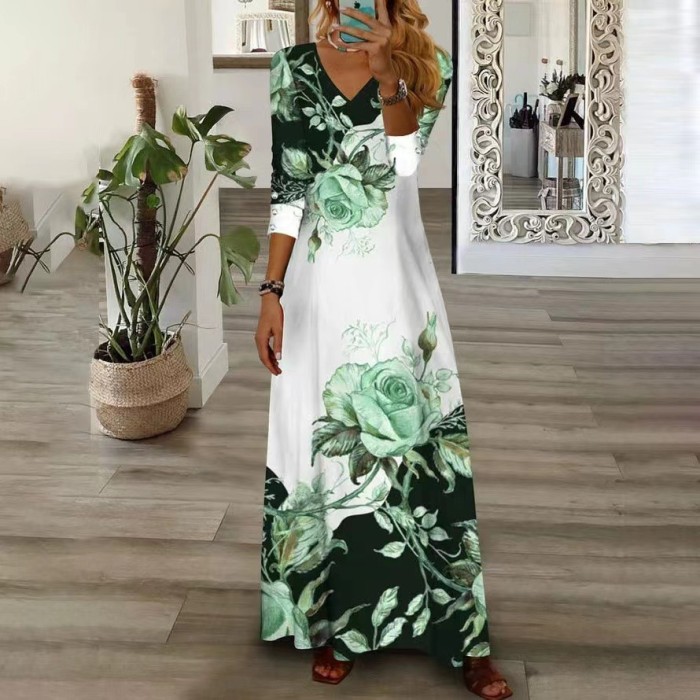Fashion Vintage Print V Neck Long Sleeve Casual Dress