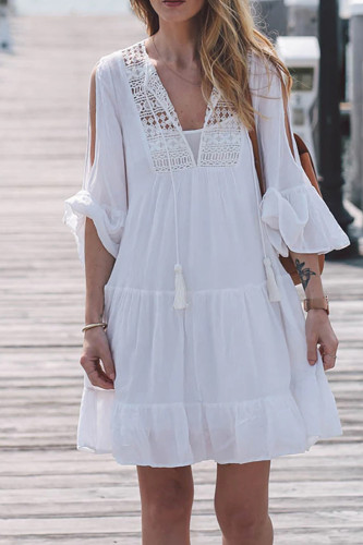 Fashion Solid Color Cotton Tunic Loose Lace Casual Dress