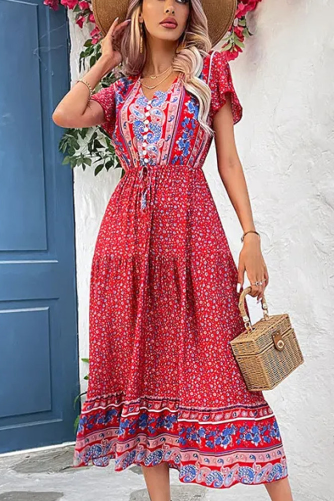 Sexy Elegant A-Line Printed V-Neck Fashion  Maxi Dress