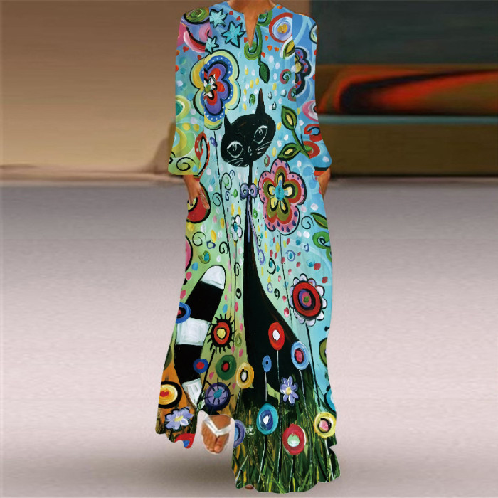 Fashion V Neck Long Sleeve Pocket Print Loose Casual  Maxi Dress