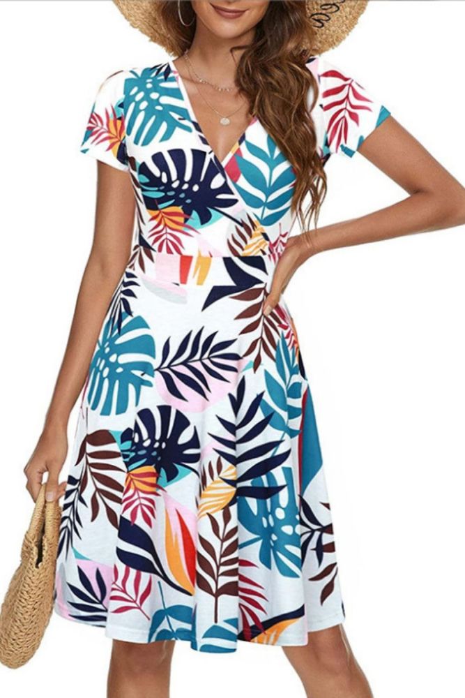 Fashion Floral Sexy Deep V Short Sleeve Beach Mini Elegant Casual Dress