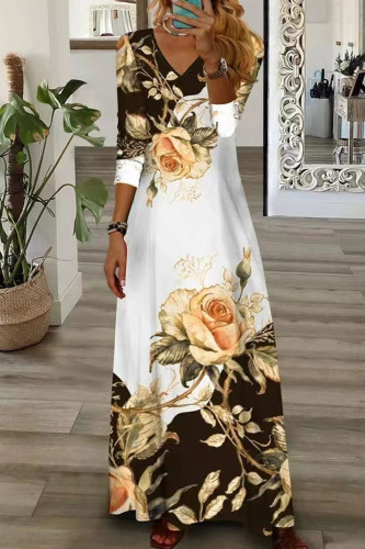 Fashion Vintage Print V Neck Long Sleeve Casual Dress