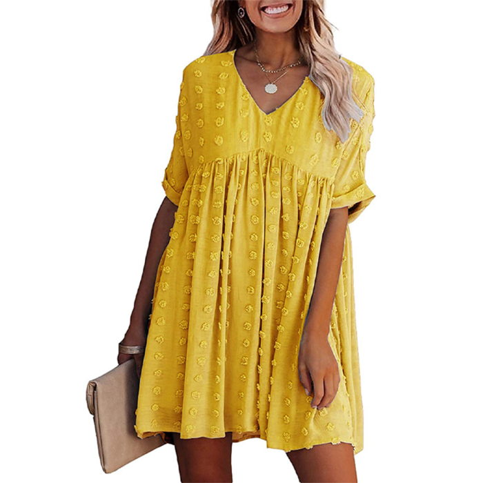 Bohemian Chic Sexy V Neck Pleated Swing Mini Casual Dress