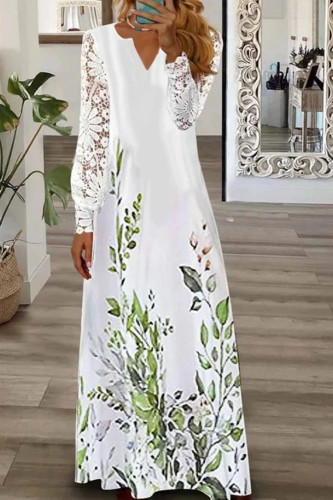Women Fashion V Neck Printed Lace Boho  Maxi Dress