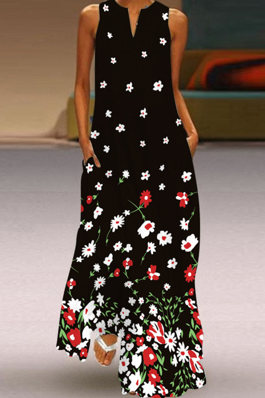 Fashion Vintage Print V Neck Sexy Sleeveless Casual  Maxi Dress