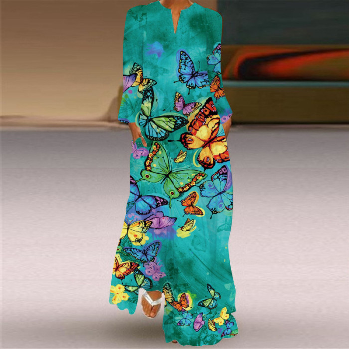 Fashion V Neck Long Sleeve Pocket Print Loose Casual  Maxi Dress