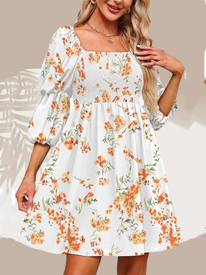 Flower Floral Print Boho Square Neck Dress