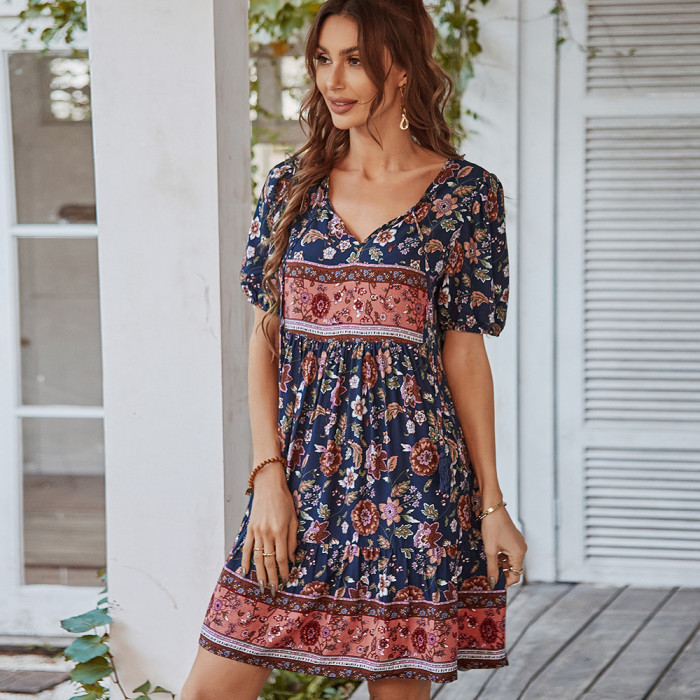 Floral Loose V Neck Short Sleeve Mini Bohemian Retro Casual Dress
