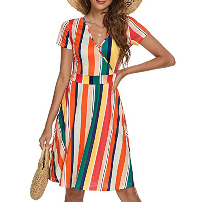 Fashion Floral Sexy Deep V Short Sleeve Beach Mini Elegant Casual Dress