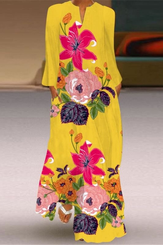 Fashion V Neck Long Sleeve Pocket Print Loose Casual  Maxi Dress