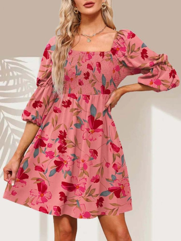 Flower Floral Print Boho Square Neck Dress