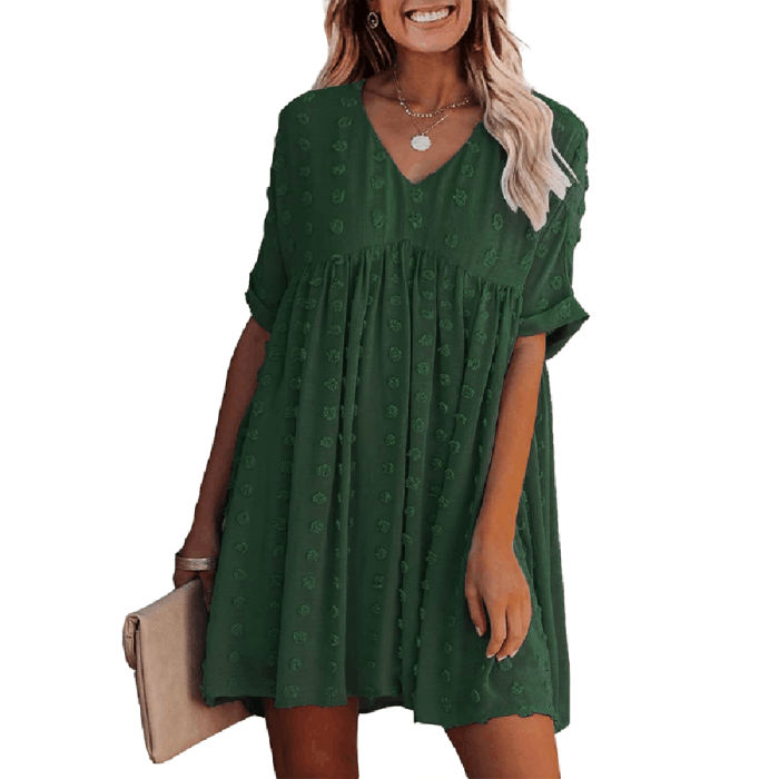Bohemian Chic Sexy V Neck Pleated Swing Mini Casual Dress