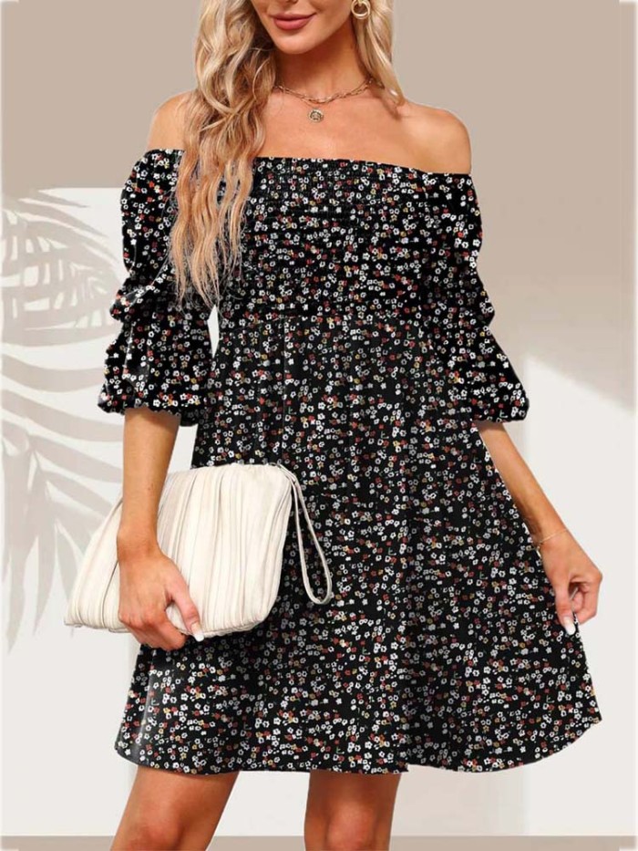 Flower Floral Print Boho Square Neck Dress