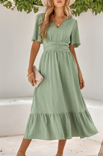 Fashion Casual V Neck Ruffle Sleeves Solid Color Beach Wedding Guest Dress