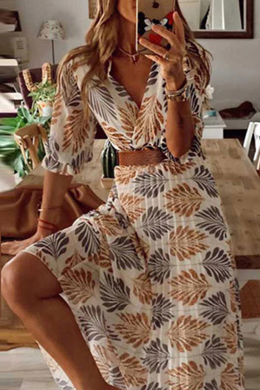 Vintage Print A-Line Bohemian Loose Casual V Neck Loose Maxi Dress