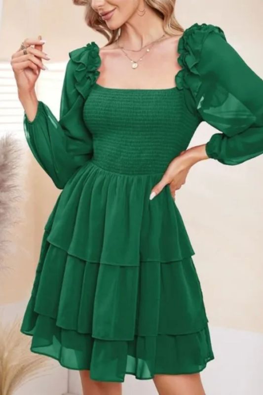 Ruffle Square Neck Off Shoulder Solid Color Dress