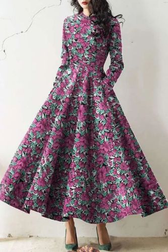 Floral Stand Collar Long Sleeve Fashionable Evening Dress